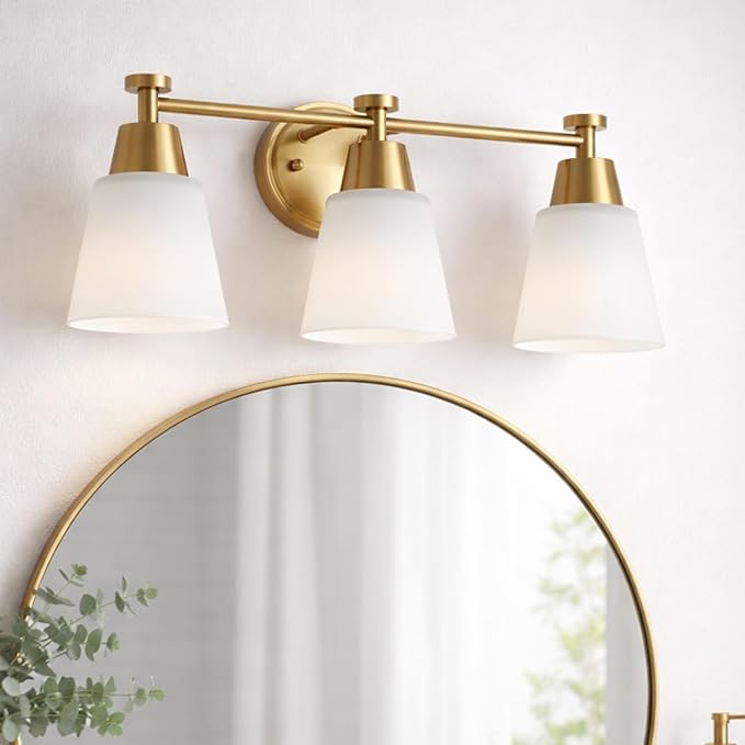 3-Light Bathroom Vanity Light, Gold Finish with Milk Glass Shades, Over Mirror, for Bathroom Vanity