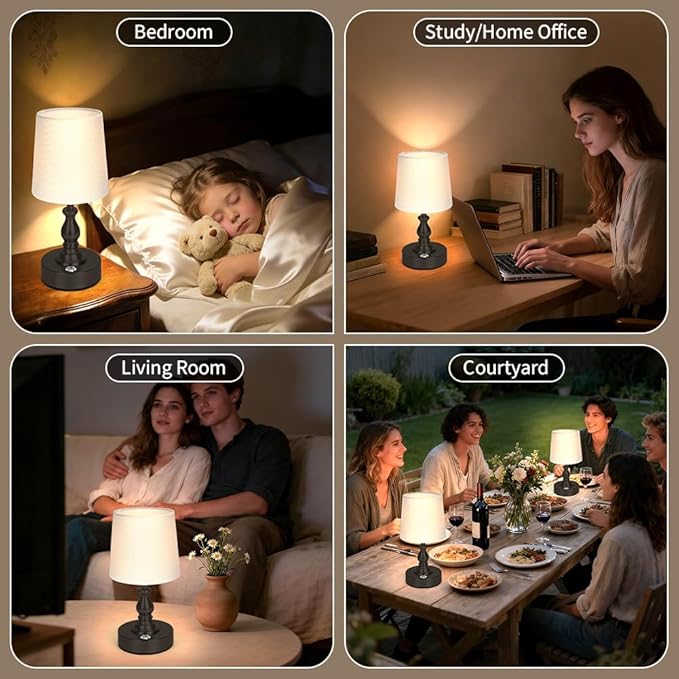 AUAUY Table Lamp for Bedroom, 5200mAh Battery Powered Touch Bedside Lamps, Rechargeable Desk Lamp Cordless, 3 Way Dimmable, Nightstand Lamps with Fabric Shade for Home Living Room Office Study, Black