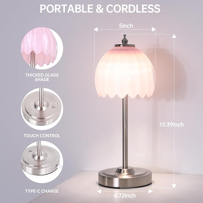 Shenmoyl Rechargeable Table Lamp with 5200mAh Battery & Touch Control - 3 Adjustable Color Temperatures, Cordless Dimmable Table Light for Bedroom, Office Desk, Nightstand (Creamy Pink,Silver Base)