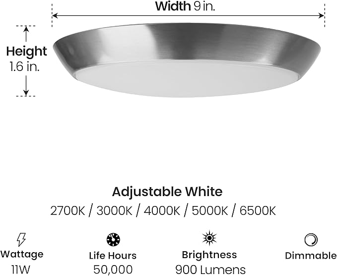 Feit Electric 9" Adjustable White LED Ceiling Light, Dimmable Flush Mount Fixture, Brushed Nickel Finish, Selectable Color Temperature, 900 Lumens, 50,000-Hour Lifespan, FM9/5CCT/NK