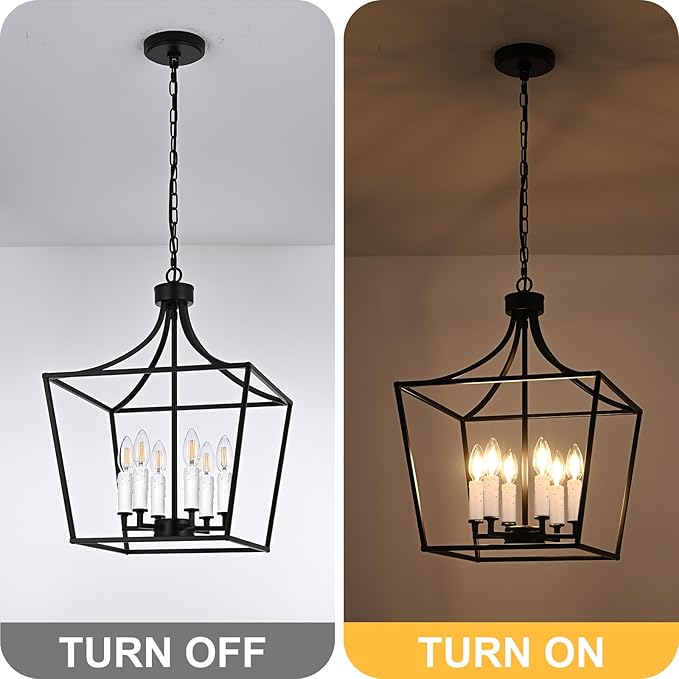 6-Light Large Classic Lantern Chandelier in Black, Height Adjustable Hanging Pendant Light Fixture for Kitchen Island Dining Room Foyer, E12 Bulb Base