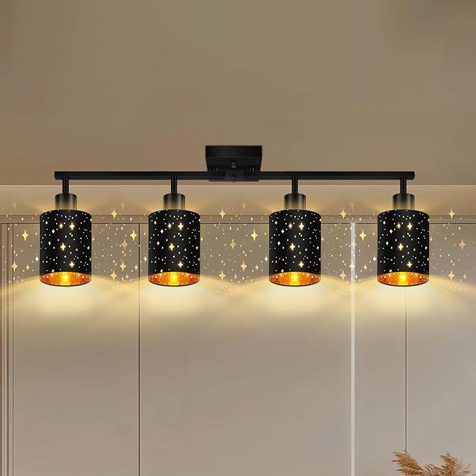 4 Light Track Lighting Kit, Black 4 Way Modern Flexible Ceiling Spotlight, Industrial LED Wall Light for Kitchen Cabinet Gallery Bar Hallway Living Room, Black Stars Design Contemporary, E26 Socket