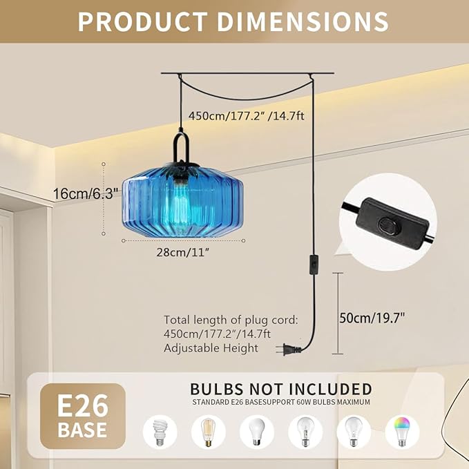 Plug in Hanging Lamp Modern Pendant Light with Plug in Cord Blue Striped Glass Shade Mid Century Pendant Light Fixture Plug in Chandelier Swag Ceiling Lamp for Living Room Bedroom