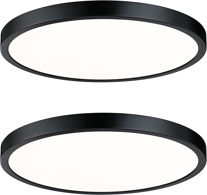 Flush Mount Ceiling Light Fixture, 14 Inch LED Modern Kitchen Light, Slim Dimmable Black Flush Mount Light for Low Ceiling, Laundry, Hallway, Metal and Glass Lighting, 26W, 3000K, 2 Pack