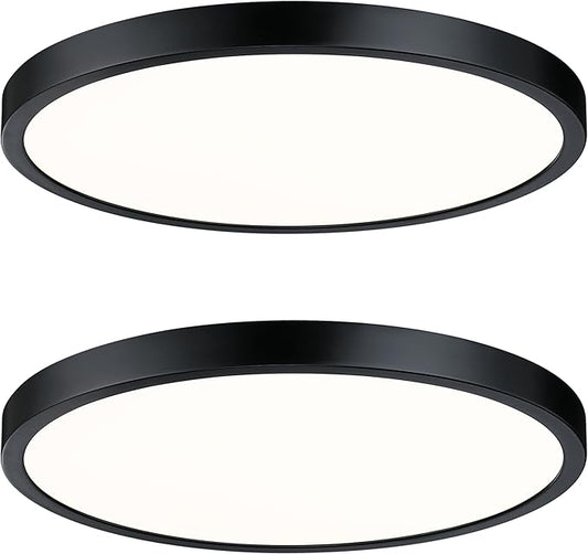 Flush Mount Ceiling Light Fixture, 14 Inch LED Modern Kitchen Light, Slim Dimmable Black Flush Mount Light for Low Ceiling, Laundry, Hallway, Metal and Glass Lighting, 26W, 3000K, 2 Pack