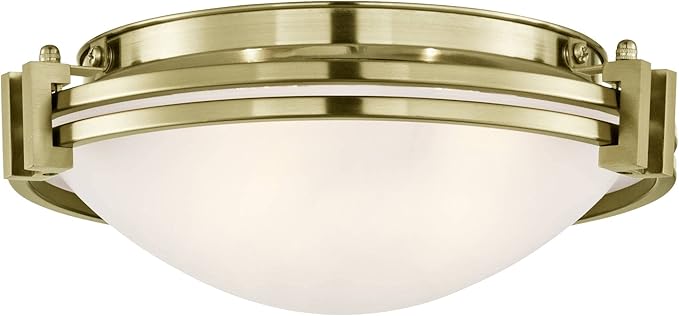 Possini Euro Design Deco Mid Century Modern Close to Ceiling Light Flush Mount Fixture 12 3/4" Wide Warm Brass Gold Satin White Glass Bowl Shade for Bedroom Kitchen Living Room Hallway Bathroom
