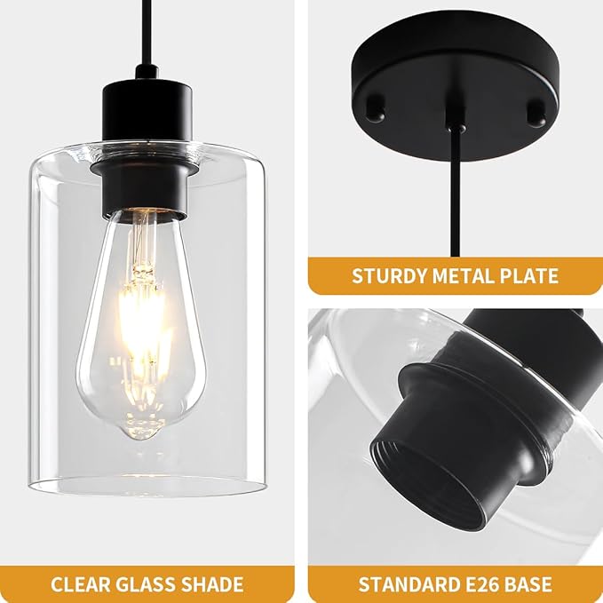 2 Pack Black Pendant Lights Kitchen Island, Modern Glass Pendant Lighting Over Island Kitchen Hanging Bathroom Ceiling Light Fixtures Adjustable Pendant Lights for Dining Room Hallway Bedroom