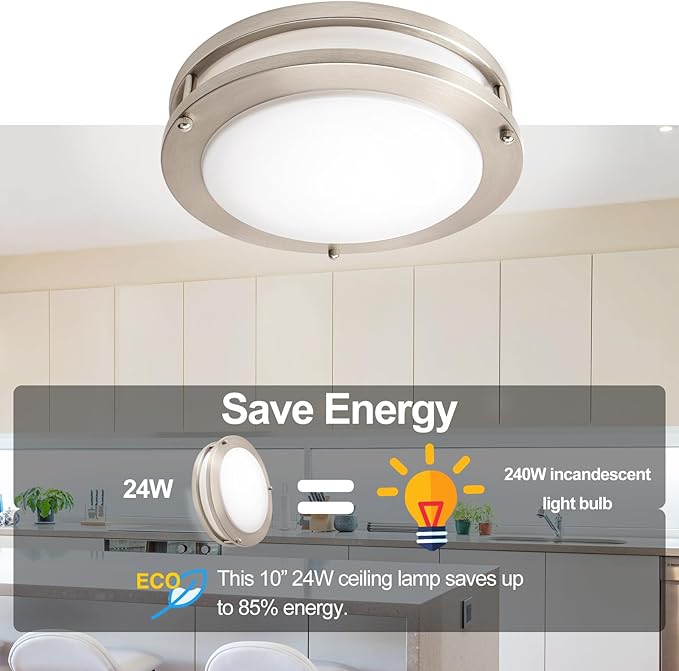 OOWOLF 4-Pack 10 Inch 24W LED Ceiling Lights, 5000K Brightness Adjustable Flush Mount Ceiling Light, Super Bright Brushed Nickel Lighting Lamp Fixture for Bedroom Bathroom Dining, Daylight White