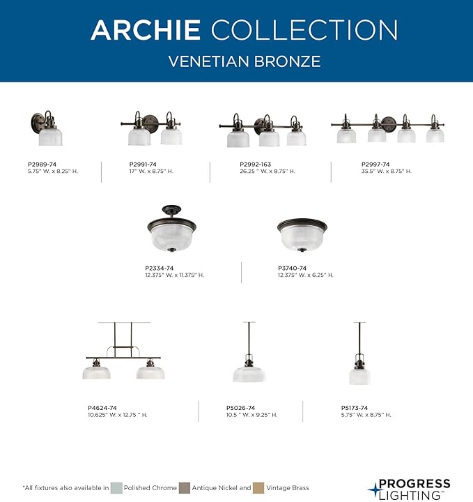 Progress Lighting P2991-74 Archie Collection Clear Double Prismatic Glass Coastal Bath Vanity, 2-Light, Venetian Bronze