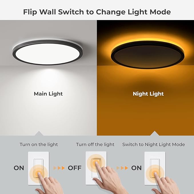 Matane 12 inch LED Flush Mount Ceiling Light with Night Light, 2400LM Dimmable, 3000K/4000K/5000K Selectable, Round Ultra-Thin Black Ceiling Light Fixture for Bedroom, Kitchen, Hallway, Closet