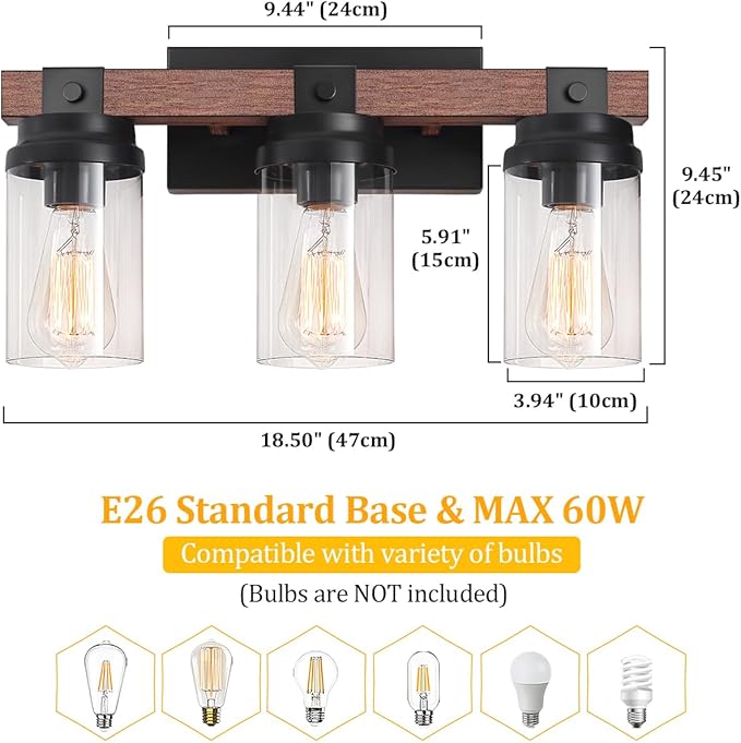 3 Light Farmhouse Vanity Light, Rustic Black Bathroom Light Over Mirror with Clear Glass Shade, Wood Grain Vintage Farmhouse Wall Sconces for Bathroom, Living Room, Hallway