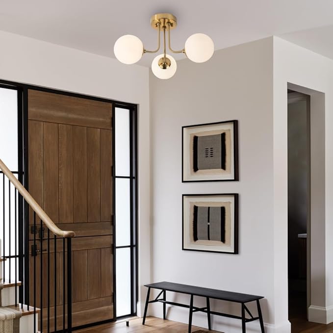 Modern Semi Flush Mount Ceiling Light,Globe Milk Glass Shade Brushed Brass Finish Ceiling Light 3-Light with Ceramic Base,Sputnik Chandeliers for Bedroom Hallway Dining Room Lighting Fixture