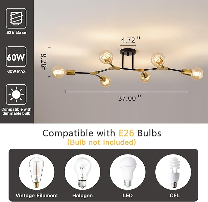 ASGYISA 8 Light Modern Sputnik Chandelier Black and Gold Ceiling Light Fixture Mid Century Ceiling Lamp for Bedroom Living Room Dining Room Kitchen Foyer (Metal Matte E26
