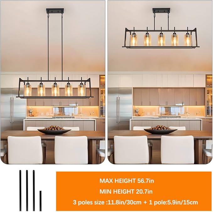 DSMJFU Matte Black Farmhouse Dining Room Lighting Fixture, 5-Light Linear Pendant Lighting, Rectangle Kitchen Light with Amber Glass Shades, Adjustable Height Rectangle Hanging for Kitchen Table