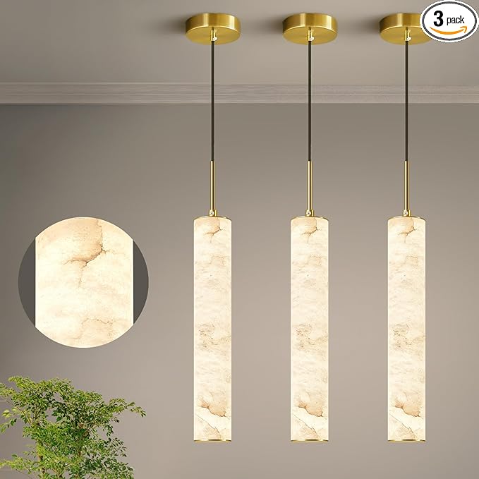 LMQNINE Natural Alabaster Pendant Lights for Kitchen Island White Marble Long Tube Chandelier 4000K Modern Gold Ceiling Light Fixtures for Bedroom Dining Room Table Living Room Hallway(M-3Pack)