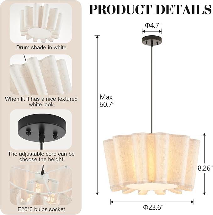 VILUXY Modern Fabric Pendant Light 23.6’’ Large Chandelier with Linen Flower Lampshade 3-Light Dining Room Light Fixture Farmhouse Hanging Ceiling Chandelier for Bedroom Kitchen Living Room Foyer
