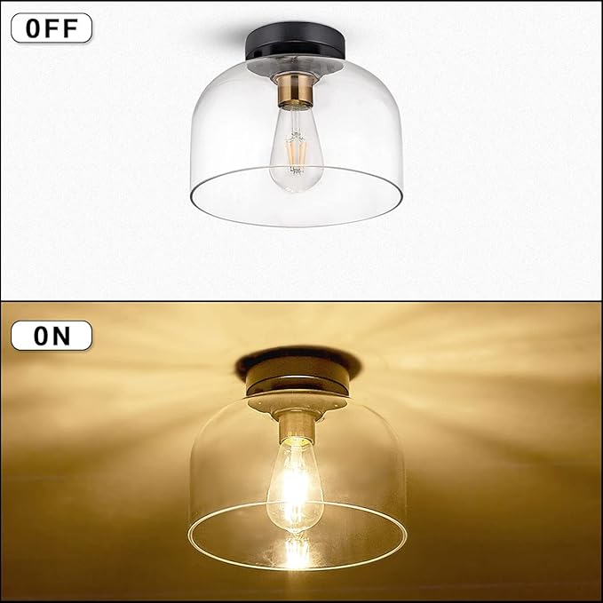 Farmhouse Flush Mount Light, 9.84 inches Clear Glass,Brush Gold Socket,Matte Black Ceiling Light Fixture for Hallway, Entryway, Laundry Room
