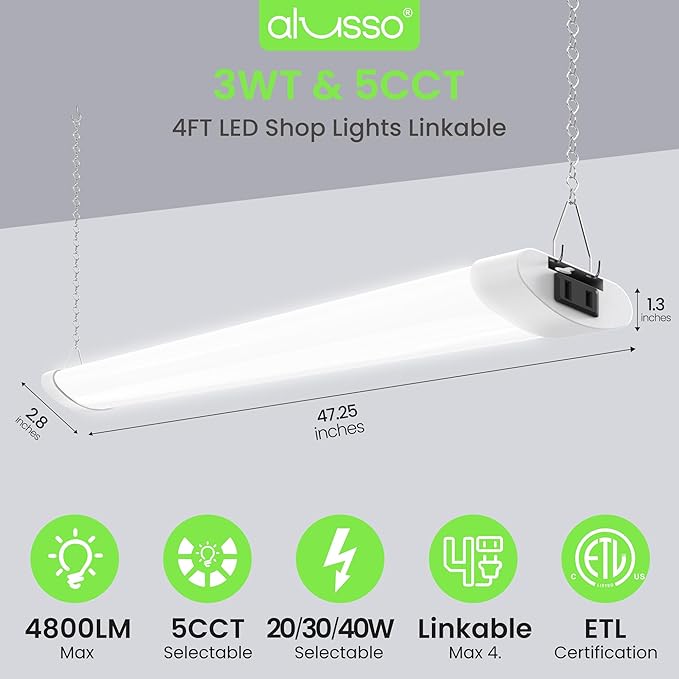 ALUSSO® LED Shop Lights 4FT for Garage, 4800LM Super Bright, Adjustable 2700K-6500K Color Temperature, 120V, Warm to Cool Daylight Linkable Shop Lights for Workshop/Basement, ETL Listed, 2 Pack