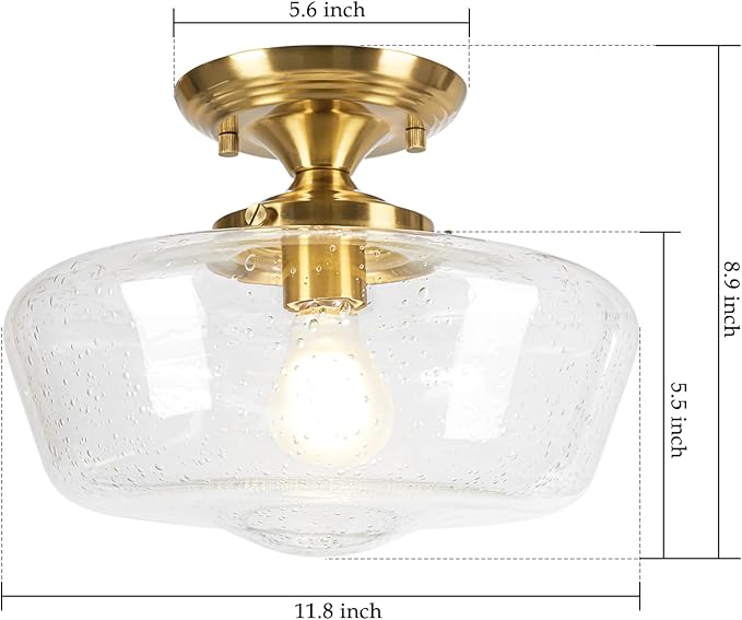 Schoolhouse Style Light Fixture, 12" Brass Semi Flush Mount Ceiling Light with Seeded Glass Globe, Close to Ceiling Lights for Kitchen Hallway Entryway