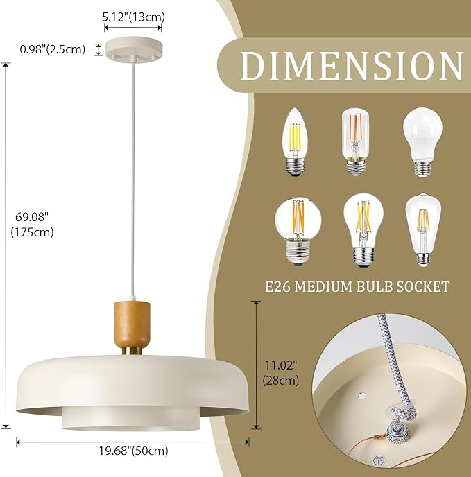Modern Large Pendant Light 19.68 inch, 2 Tiers Soft Cream Shades, Natural Wood and Brass Accent, Mid Century Chandelier for Dining Room, Living Room