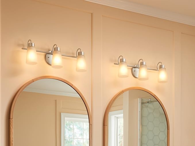 Kichler Stamos 3-Light Bathroom Vanity Light Fixture with Satin Etched Glass Shades, 22 in Modern Wall Mount Light in Brushed Nickel for over Mirror (22 in x 5 in x 8 in), 55121NI