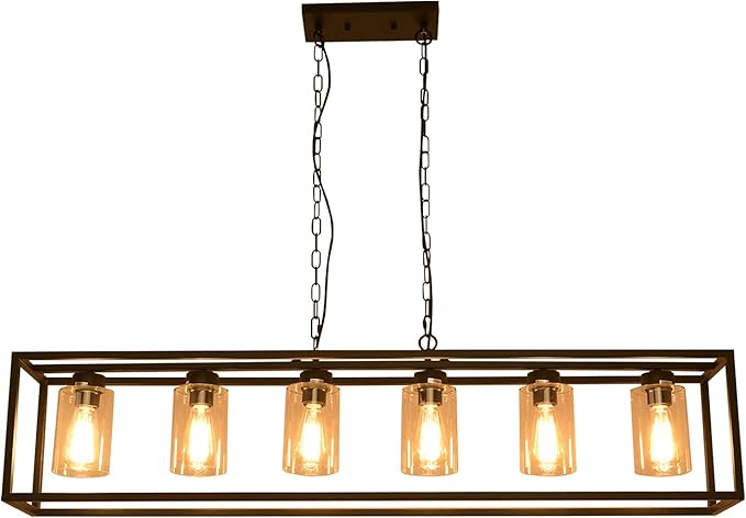 6-Light Black Kitchen Island Lighting with Clear Glass Shade, Modern Farmhouse Dining Room Light Fixtures Over Table, Island Lights for Kitchen, Dining Room, Bar, Foyer