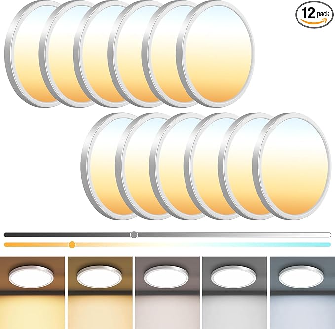 zemty 12Pack 13 inch White LED Flush Mount Ceiling Lights, Dimmable 5 Color Temp (3000K-6500K), 24W 2400LM Bright Round Light Fixture for Kitchen/Bathroom/Bedroom/Office