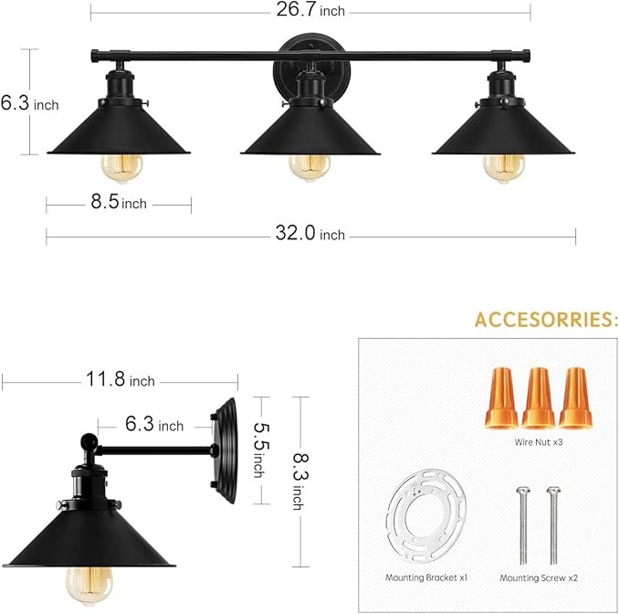 32" Upgrade Black Bathroom Light Fixture, 3-Light Vanity Lights for Bathroom Light Fixtures Rustic Matte Black Farmhouse Vanity Light, Industrial Modern Vanity lighting fixtures over Mirror Sconce