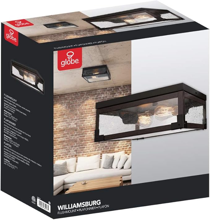 GLOBE Electric 65917 2-Light Flush Mount Ceiling Light, Dark Bronze, Dark-Wood Finish Accents, 5 Seeded Glass Panes, Bedroom Lighting Fixtures Ceiling, Lighting for Hallway or Dining Room