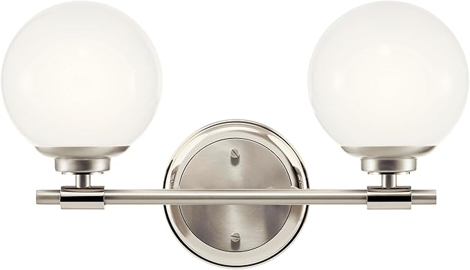 Kichler Benno 2-Light Bathroom Vanity Light Fixture with Opal Glass, Modern Brushed and Polished Nickel Finish for Powder Room or Restroom (8.75" x 14.75"), 55171PN