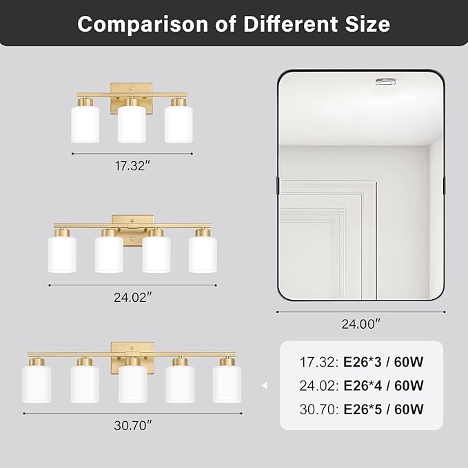 FonmYim Gold Bathroom Light Fixtures, 4-Light Modern Vanity Light Over Mirror, Wall Sconces with Milky White Frosted Glass Shades, E26 Socket (Bulbs Not Included)
