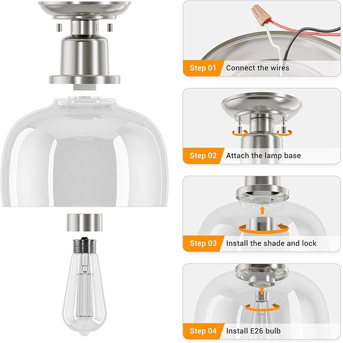 EAPUDUN Semi Flush Mount Ceiling Light, Modern Light Fixture with Clear Glass Shade, Brushed Nickel Finish for Hallway Corridor Kitchen Bathroom Bedroom Passway, FMA1123-BNK