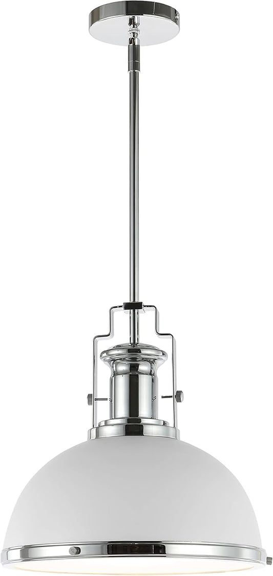 JONATHAN Y 13" Chrome/White Modern Industrial Iron LED Dome Pendant Light, Adjustable Hanging Fixture for Kitchen Island or Entryway, Black Metal Shade, LED Bulb Included (JYL9536C)