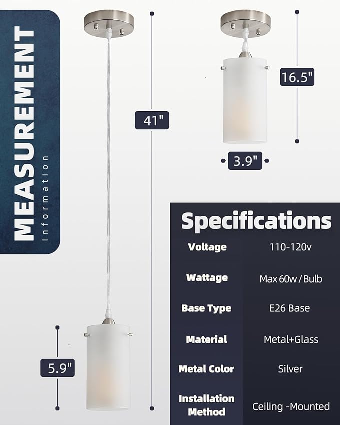 1-Light Mini Pendant Light Fixtures, Modern Chandelier Hanging Ceiling Light with White Frosted Shade, Brushed Nickel Pendant Lighting Adjustable Height, 2 Pack