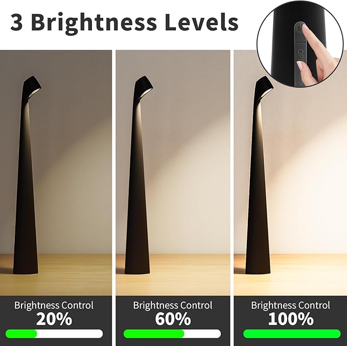 HAPYGI Portable Cordless LED Desk Lamp,Rechargeable Wireless Table Lamp, 3-Level Brightness, Patio Table Lamp, Bedside Night Light, Dining Room Ambient Light, Reading Light (Black)