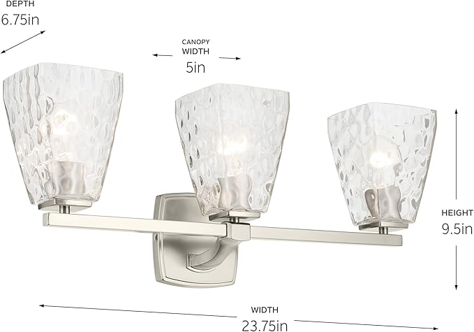 Kichler Marant 21.25" 3-Light Bathroom Vanity Light Fixture with Clear Water Glass in Brushed Nickel for Over Mirror, Modern Steel Frame (21.25" W x 9.5" H), 55216NIWTR
