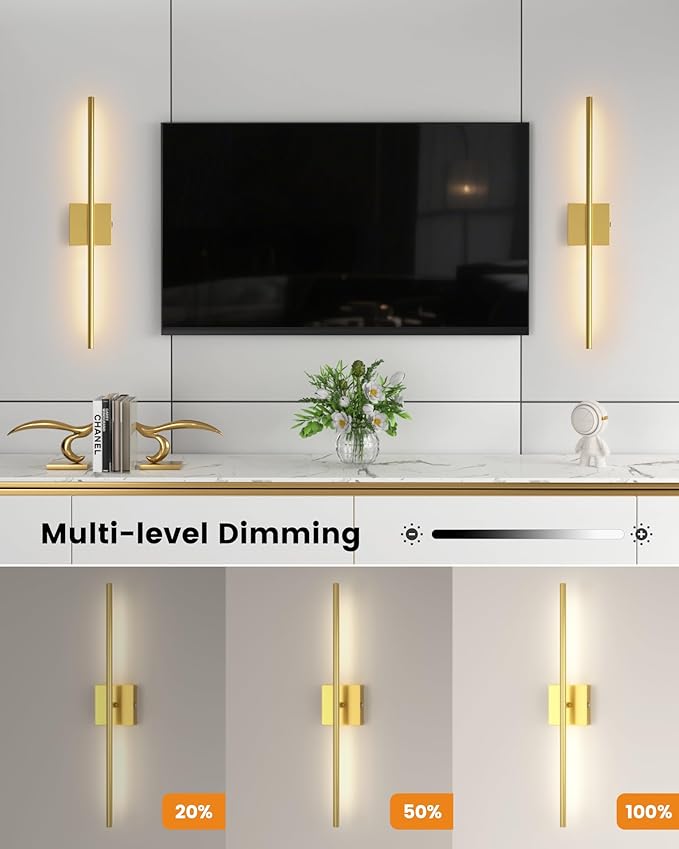 VOLISUN Battery Operated Wall Sconces Set of Two, Rechargeable Wall Sconces with Remote, 3000K-6500K Dimmable Battery Wall Sconce Decor, 27.6'' Wireless Wall Lights for Bedroom, Living Room(Gold)