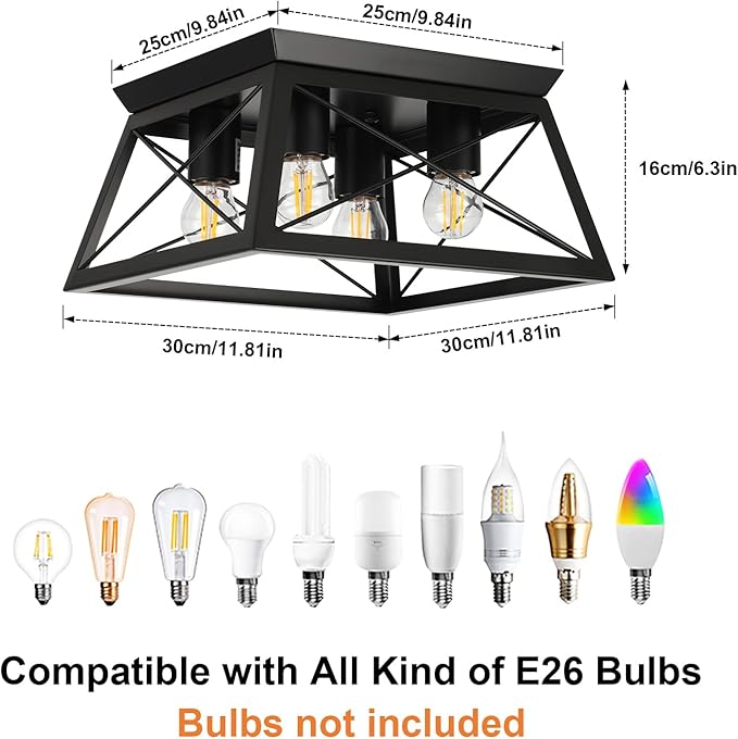 Farmhouse 4-Light Metal-Framed Industrial Kitchen Ceiling Lights - Black Flush Mount for Dining Room, Kitchen, Bedroom, Hallway, Foyer, Living Room, Laundry