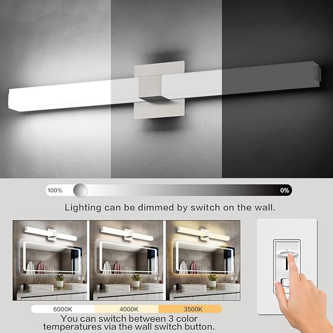 ZUZITO Brushed Nickel Bathroom Light Fixtures - 3CCT Dimmable LED Bathroom Vanity Lights - 32 Inch Modern Vanity Lighting Fixtures 3000K/4500K/6000K