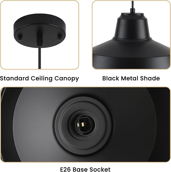 Black Pendant Lights Kitchen Island 2 Pack, 11.8" Farmhouse Kitchen Island Light, Matte Black Industrial Pendant Lighting, Modern Pendant Lights for Kitchen Island Dining Room