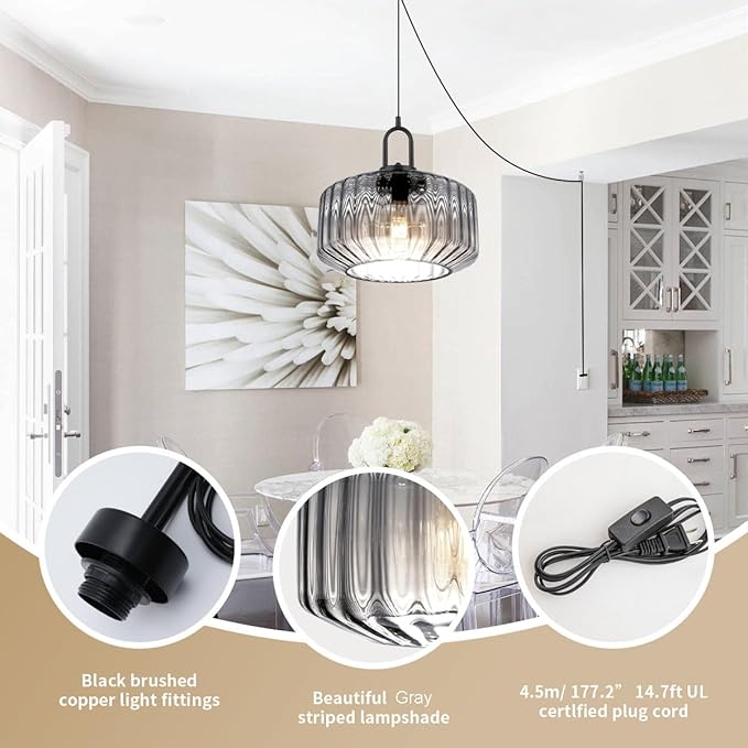 Plug in Hanging Light Gray Glass Pendant Light Fixtures with in Cord Mid Century Modern Chandelier Striped Glass Shade Farmhouse Plug in Hanging Lamp for Living Room Entryway Pantry