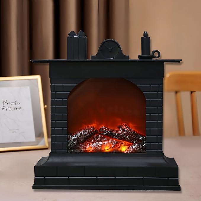 Simulated LED Fireplace Lantern USB & Battery Powered Flameless Light with Emulation Flame Table Decorative Lamp Copper Fireplace Ornament for Cozy Home Decor Free Standing Electric Log Burner