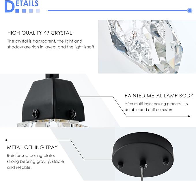 Black Crystal Pendant Light with Prism Crystals and LED Enhance Kitchen Island, Bathroom, Bedroom, and Bar Ambiance