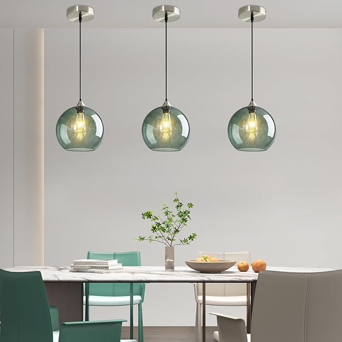 Modern 3-Pack Glass Globe Pendant Lights, Gray Green Modern Pendant Lighting for Kitchen Island, Glass Hanging Lamps for Dining Room Living Room Bedroom, Small 5.9 Inch Fixture (Bulbs Not Included)