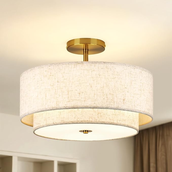 16" Double Drum Gold 3-Light Semi Flush Mount Ceiling Light, Classic Fabric Linen Shade Design for Living Room, Bedroom, Kitchen, Dining Room, Hallway and Entryway