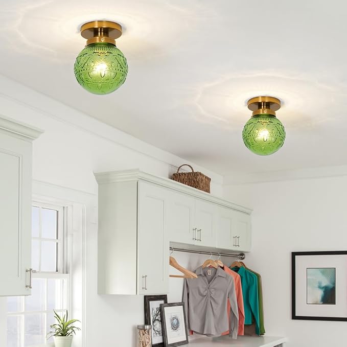 Green Globe Glass Semi Flush Mount Small Hall Ceiling Light, Modern Gold Lighting for Kitchen, Bedroom, Hallway, Porch