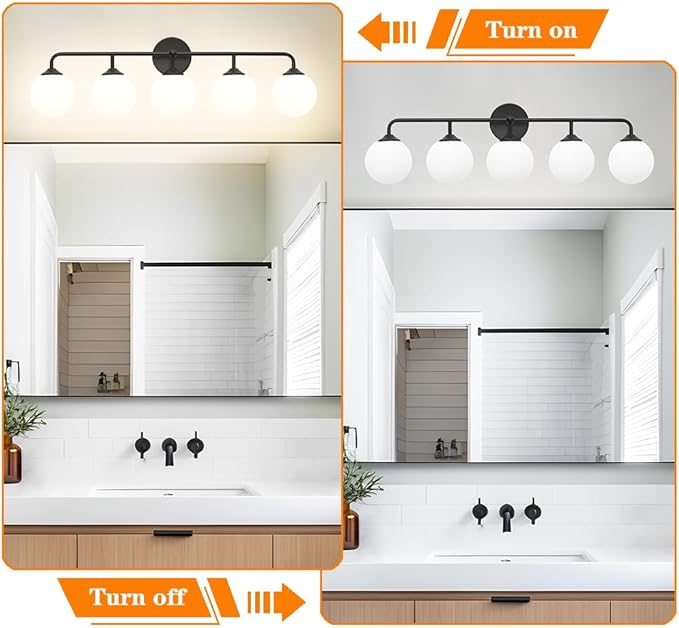 Modern Matte Black 5-Lights Bathroom Vanity Light, Lighting Fixtures Over Mirror with Milky White Glass Ball Shades, Wall Sconces for Bathroom Dressing Table Bedroom