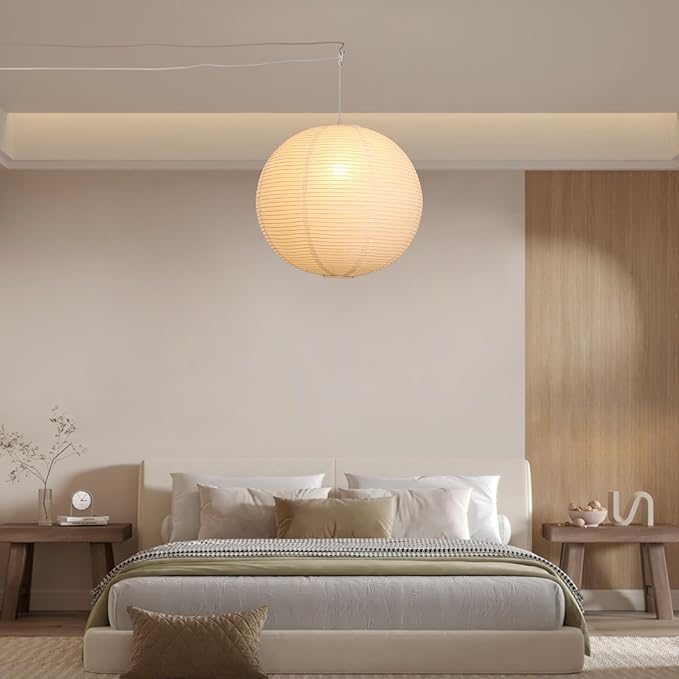Paper Lantern Lamp Plug in Hanging Lamp, 20in White Rice Paper Pendant Light with 19.7FT Cord Large Globe Japanese Japandi Wabi Sabi Chandelier for Dining Living Room Bedroom Office 2 Pack