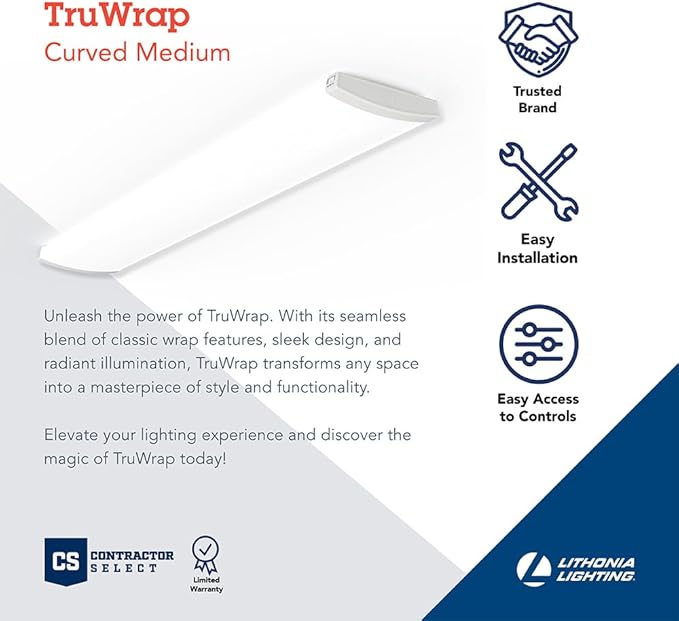 Lithonia Lighting TruWrap 4 Foot LED Ceiling Light Fixture, Low-Profile Wraparound LED Shop Light, Adjustable Lumens, Selectable Warm White/Cool White/Daylight Color, Curved Diffuser, Medium Width