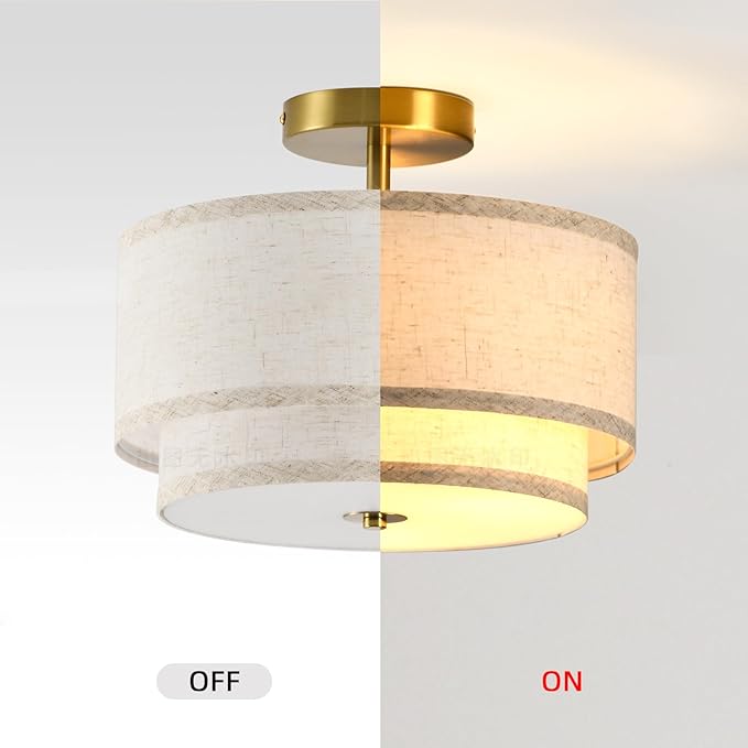 Semi Flush Mount Ceiling Light Fixture,12.6'' Gold Light Fixtures Ceiling Mount, Gold Drum lamp Close to Ceiling Light with 2-Layer Linen Shade, Ceiling Lights for Bedroom Hallway Living Room